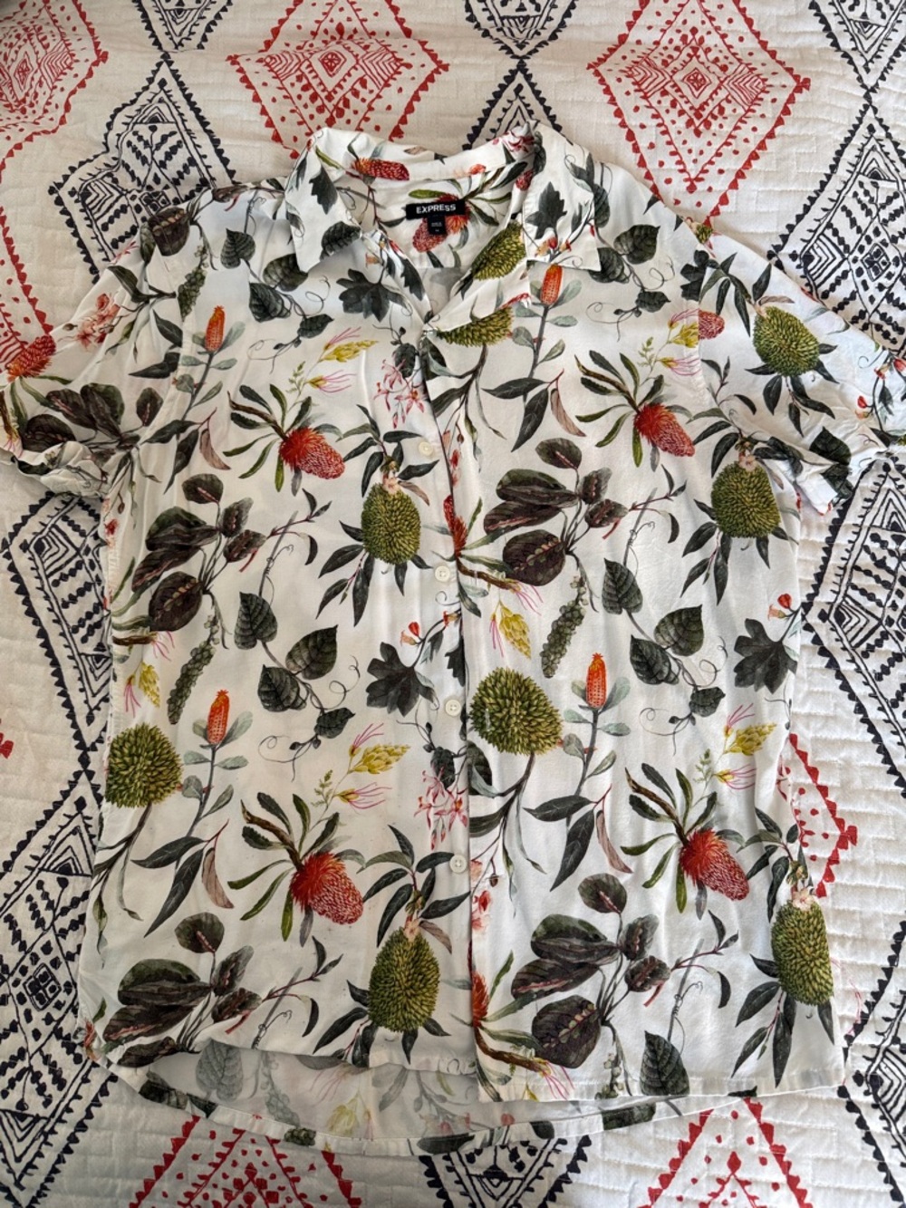 Express White Button-Up Shirt with Green and Rust Floral Print